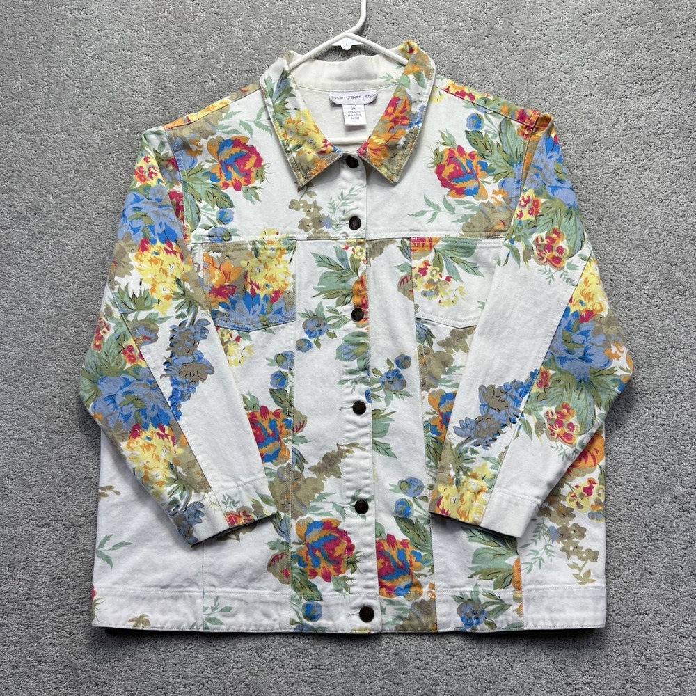 Susan Graver Style Denim Jacket Womens 2X White Floral Cotton Twill Cottagecore